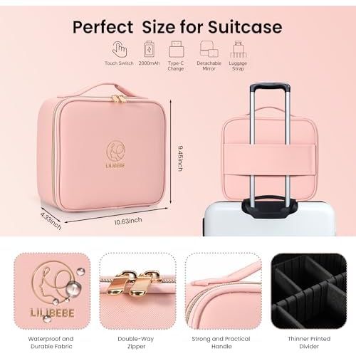 Travel Makeup Bag with Mirror Cosmetic Bag Makeup Artist Bag, 3 Color Scenarios Adjustable Brightness, Makeup Train Case Cosmetic Storage Gift for Daughter Wife Friend Pink