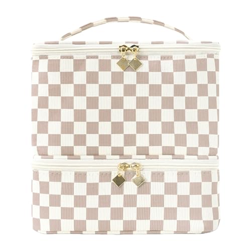 KhaKi Checkered Nail Polish Organizer Bag Holds 30 Bottles 2-Layer Travel Case