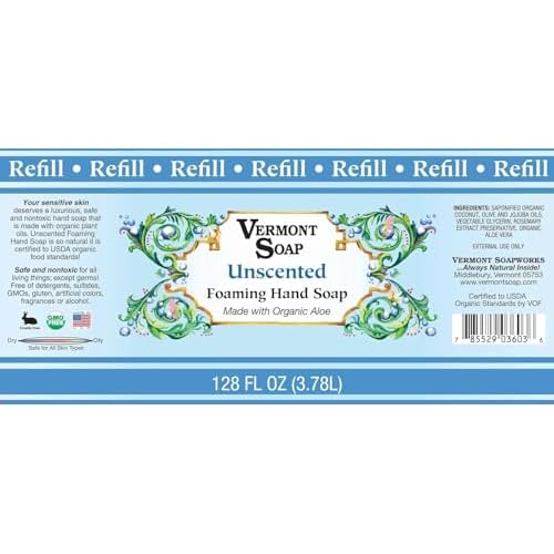 VERMONT SOAP Organics Foaming Hand Soap, Liquid Soap with Pre-diluted Formula - Ready to Use Simply Unscented Hand Soap With Convenient and Economical Gallon Refill Size
