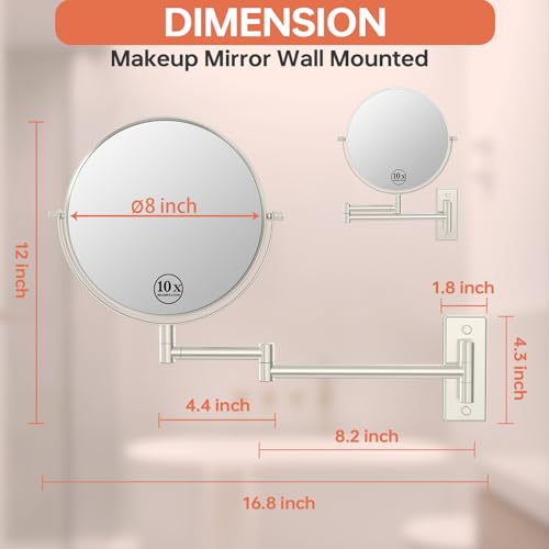 8" Wall Mounted Makeup Mirror 1X/ 10x Magnifying Mirror Double Sided Vanity Makeup Mirror for Bathroom Nickel Brush Finish