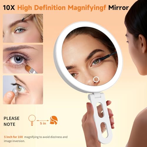 Portable Lighted Makeup Mirror with 10X Magnification & 3 Color Lights