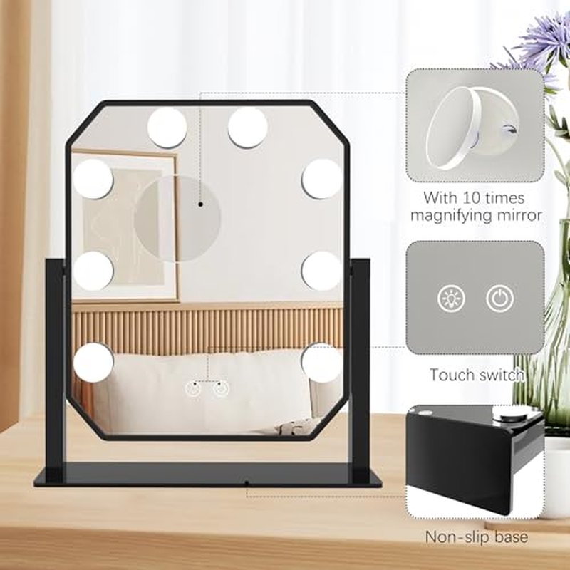 Hollywood Vanity Mirror with Lights - LED Makeup Mirror with 3-Color Dimmable Lights, Smart Touch Control, Detachable 5X Magnifier - Light Up Mirror for Bedroom, Tabletop Make Up Mirror with Lighting