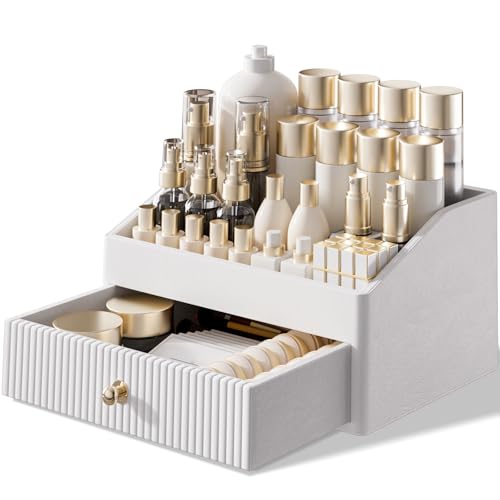 Makeup Organizer Leather Skin Storage with 2 Layers - White