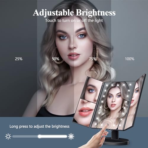 HUONUL Lighted Trifold Makeup Mirror with 2X/3X/10X Magnification - Black