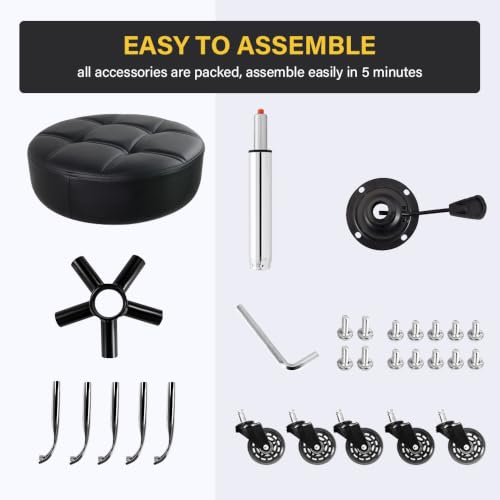 WKWKER Black Heavy Duty Adjustable Rolling Stool with 360° Swivel & Thick Leather Seat
