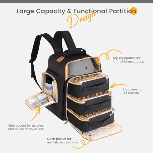 Hautton Nail Polish Organizer Holds 126 Bottles, Extra Large Storage Bag with 3 individual drawers, Professional Sturdy Lamp Supplies Nail Polish Travel Case Gift for Manicurist -Black