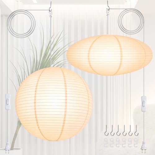Large 30 Inch Hanging Paper Lanterns Set - Round & Oval White Lanterns with 20ft Cord & Hooks for Home Decor