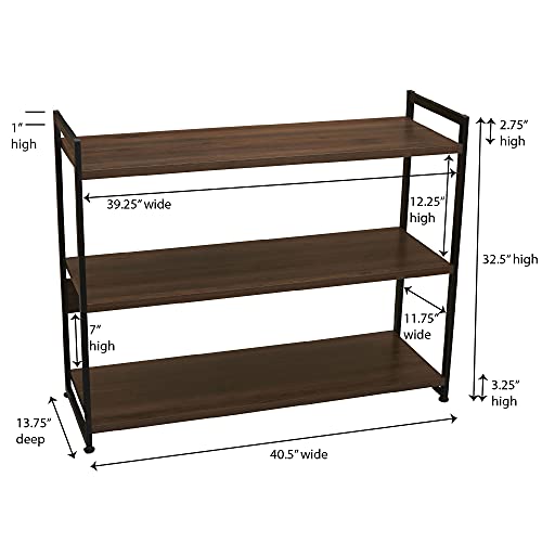 Walnut Wide 3-Shelf Open Bookshelf - Mid Century Modern Storage