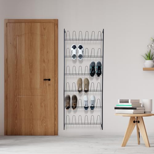 Black Wall Mounted Shoe Rack with 36 Hooks - 70 Inch, 6 Tier