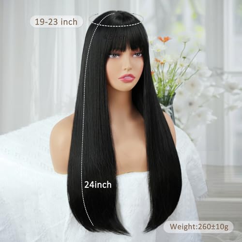 Black Long Straight Wig with Bangs 24 Inch Heat-Resistant Synthetic Cosplay & Party Wig - Black