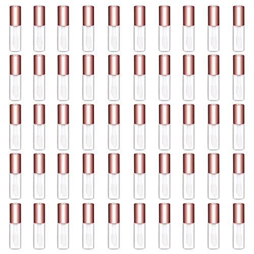 Mydio 50 Pack 1.2ML Clear Mini Lip Gloss Tube Empty Lip Balm Containers With Rose Gold Lid for Lipstick (Rose Gold)