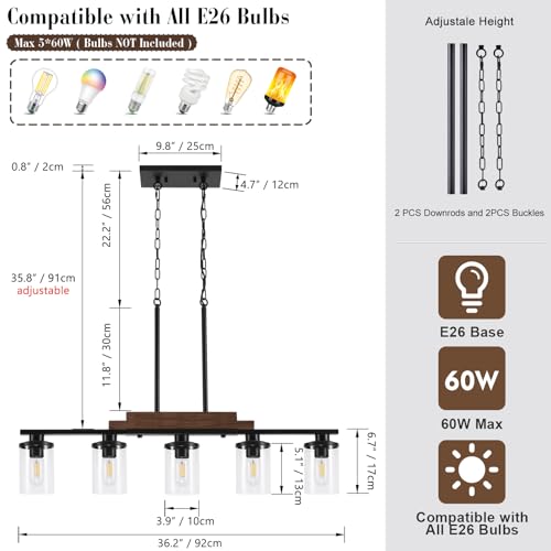 VbiTmn Farmhouse Black 5-Light Chandelier Dining Room Light Fixture - Adjustable Height
