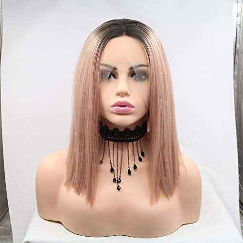 Pink Lace Front Wig 16 Inch Short Straight Peach Ombre Wigs for Women & Drag Halloween