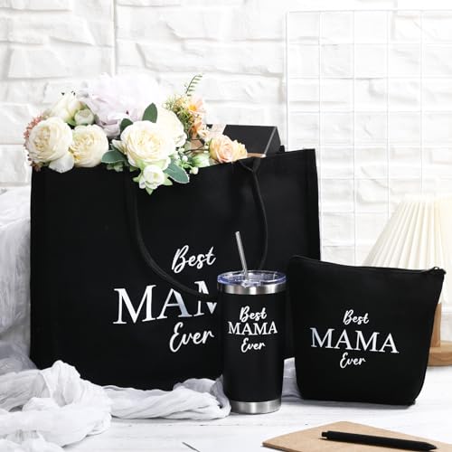 Vesici Mothers Day Appreciation Gifts Mama Canvas Tote Bag with Makeup Bag 20 oz Tumbler for Mom Mother Thanks Gift
