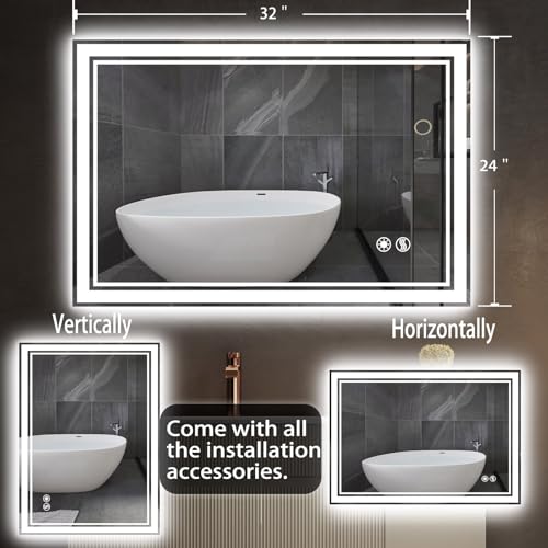 24x32 Inch LED Bathroom Mirror with Anti-Fog & Dimmable Lighting - High Brightness, Memory Function