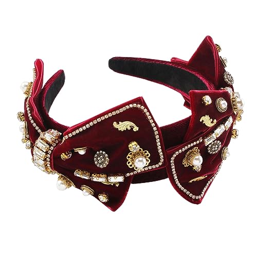 YARN & INK Baroque Wine Velvet Bow Rhinestone Headband Elegant Hair Accessory