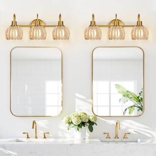 Meybiok Brushed Gold 3-Light Vanity Light with Amber Tulip Glass Shades – Bathroom Fixture