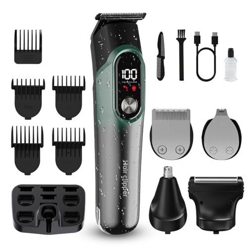 Men's 5-in-1 Waterproof Cordless Grooming Kit with Hair Clipper, Nose & Ear Trimmers