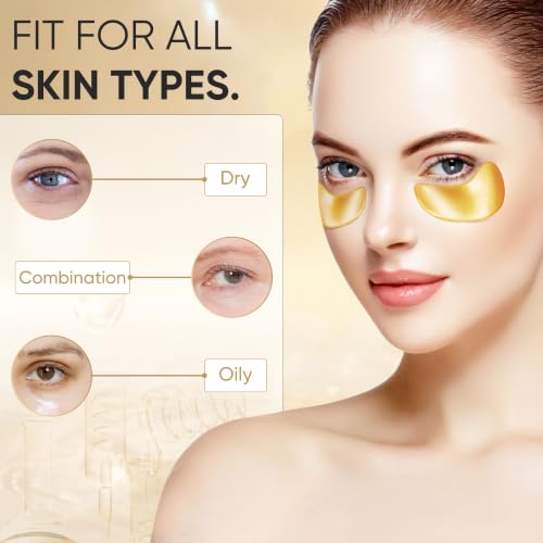 100 Pairs Gold Under Eye Patches for Dark Circles & Wrinkles - 24K Gold Eye Mask, Bukamkom, Pack of 100