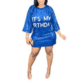 KIRJAUDU Women Sparkly Sequin Mini Dress Crewneck Bling Letter Print Half Sleeve Loose Mini Dress Clubwear