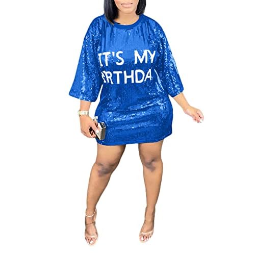 KIRJAUDU Women Sparkly Sequin Mini Dress Crewneck Bling Letter Print Half Sleeve Loose Mini Dress Clubwear