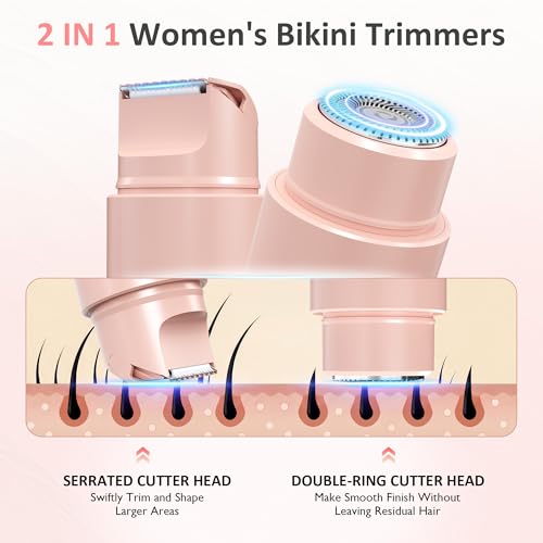 SUNVIVI Bikini Trimmer for Women: IPX6 Waterproof Dual Head Pubic Razor, Painless Face Shaver Body Trimmer, Portable Hair Removal Kit for Bikini Underarm Leg Arm Body Face, Pink