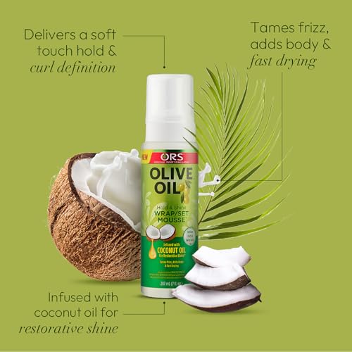 ORS Olive Oil Hold & Shine Wrap Set Mousse Infused with Coconut Oil - Fortifying Creme Hairdress infused with Castor Oil - Nourishing Exotic Scalp Oil with Babassu Oil - Bundle