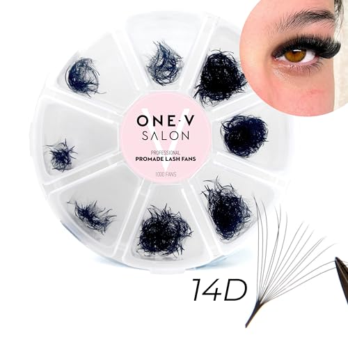 One V Salon Pro 14D Promade Loose Fans, 1000 Premade Extreme Mega Volume Lash Fans | D Curl | 0.05 mm | 8?15 mm Mixed Lengths | Thin Base, Hand-Crafted Eyelash Extensions(14D-0.05-D-Curl)