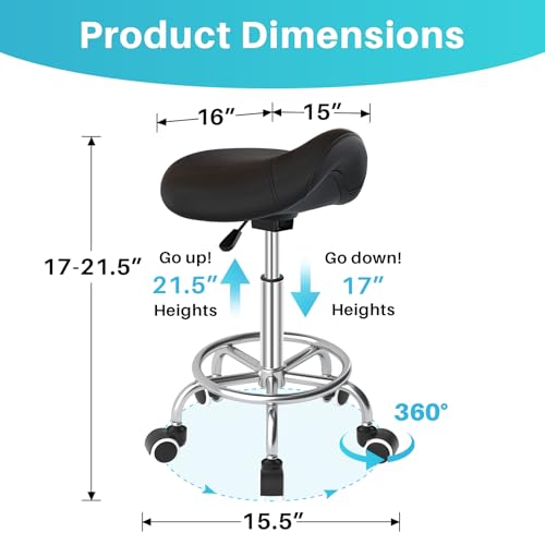 YEEZEE Saddle Stool Ergonomic- Comfortable Rolling Saddle Stool with Wide Thick Saddle Seat Padding, Swivel Adjustable Saddle Chair with Wheels and Ring Pedal for Medical Massage Salon (Dark Black)