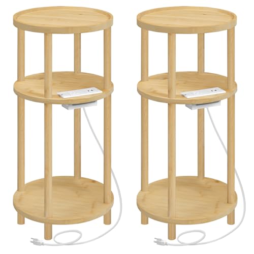 Natural Bamboo Side Tables Set of 2 with Charging Station - Compact End Tables for Living Room & Bedroom, Easy Assembly