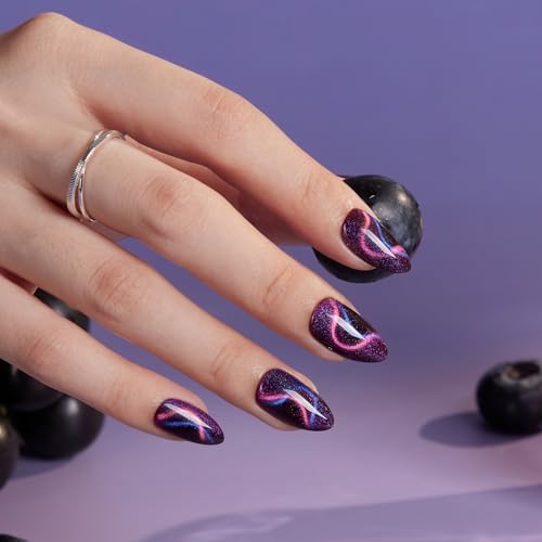 Short Almond Cat Eye Dark Purple Shimmer Nails Kit with Variation 04-Interstellar