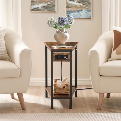 Wedge End Table with Charging Station - Rustic Brown & Black, Industrial Style