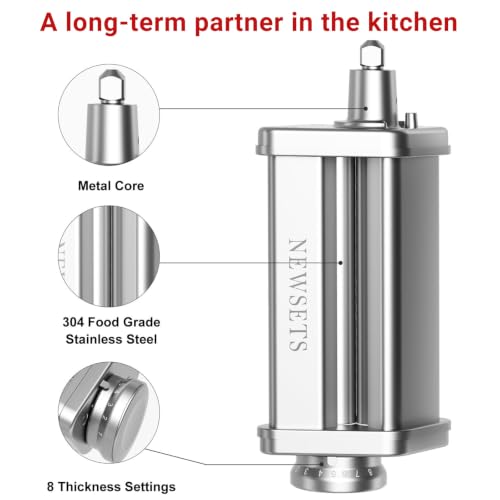 NEWSETS 3-Piece Pasta Maker Attachments for KitchenAid Stand Mixers - Stainless Steel, Adjustable Thickness, Fettuccine & Spaghetti Cutter, Variation 3