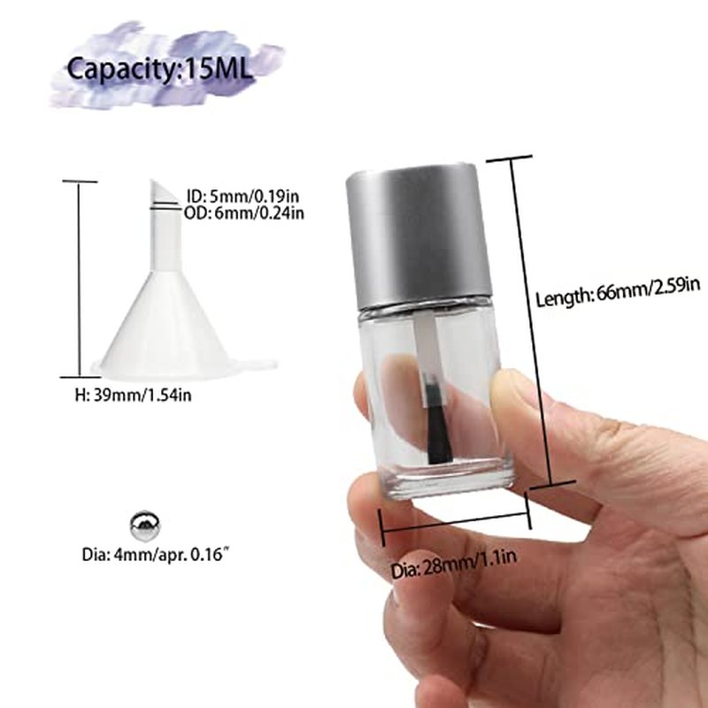 20PCS Empty Nail Polish Bottles with Brush, Empty Refillable DIY Glass Nail Polish Bottles with Funnel & Mixing Balls 15ML, Silver