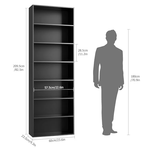 Tall Black Bookshelf 7-Tier Open Storage Shelves - 82 Inches