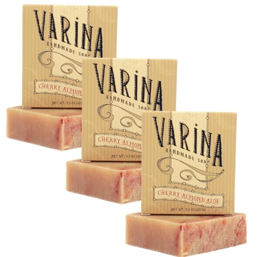 Varina Cherry Almond Aloe Bar Soap 4.5oz Pack of 3 - Handmade, Natural Cleansing