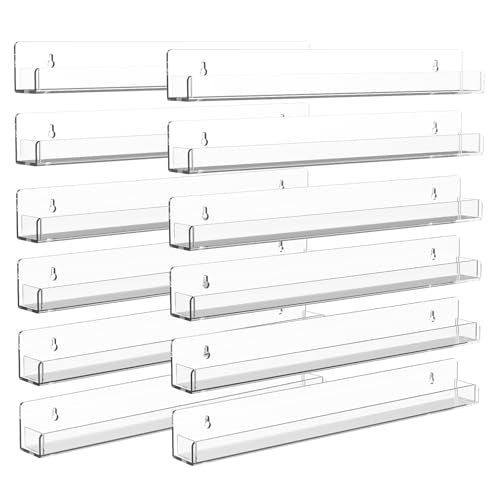 12 Pack Clear Acrylic Nail Polish Rack Wall Shelf - 15 Inch Storage Organizer with Removable End Insets