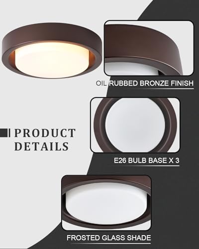 MIAOMEIO 16 Inch Flush Mount Ceiling Light – Oil Rubbed Bronze with Frosted Glass Shade, 3 Lights