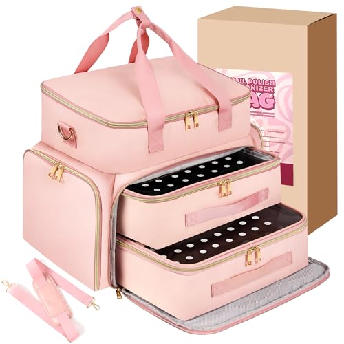 DERSTUEWE Pink Nail Polish Organizer Case Travel Bag with Hard Bottom & Adjustable Dividers