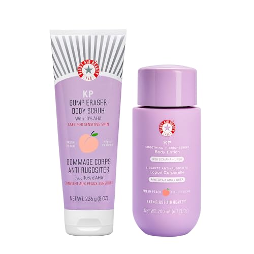 First Aid Beauty Peachy Smooth Duo: KP Bump Eraser Scrub & Smoothing + Brightening Lotion with 10% AHA, Daily Exfoliating Keratosis Pilaris Bundle to Reduce Bumps, Peach (8 oz Scrub, 6.7 oz Lotion)