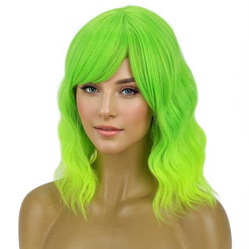 PATTNIUM Lime Green Short Wavy Wig for Women Girls - Fluorescent Synthetic Hair with Bangs