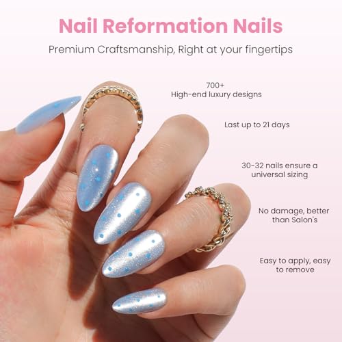 Blue Moon Polka Dot Almond Press-On Nails - Medium Length, 30 Pieces