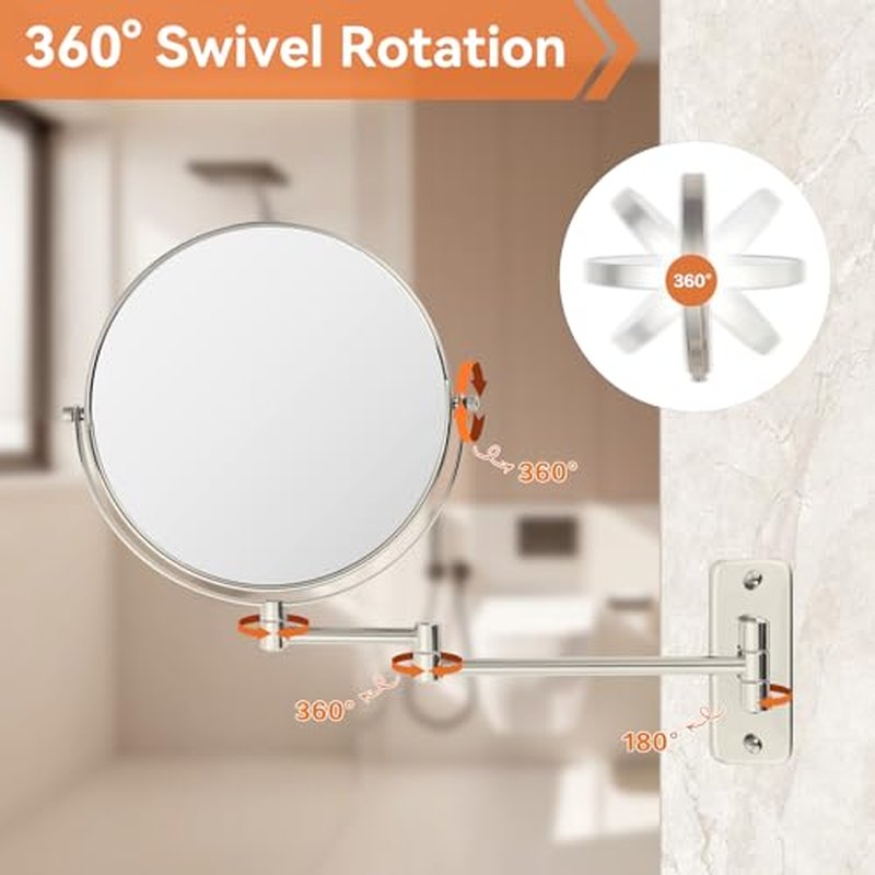 8" Extendable Bathroom Mirror Wall Mount with 1X/10X Magnification, 360¡Æ Swivel Double Sided Vanity & Shaving Mirror, Nickel Finish (No Light)