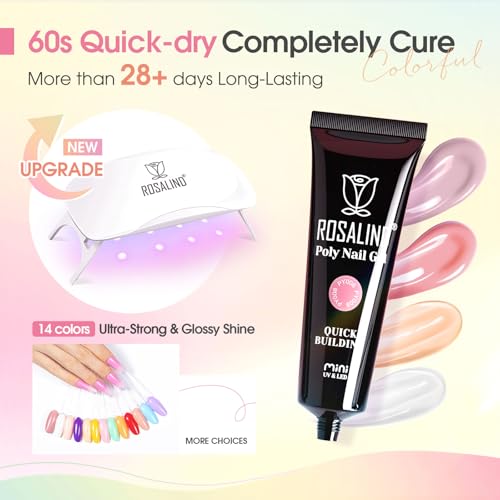 ROSALIND Poly Nail Gel Kit -14 Colors Nail Art Accessories kit Clear Nude Nail Extension Gel Starter with Slip Solution White Nude Pink Nail Extensions Gels Set with Mini UV Lamp