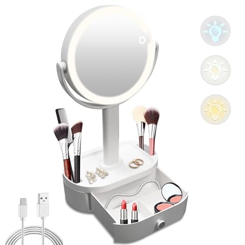 Makeup Mirror with Lights, Lighted Makeup Mirror with Magnification, 80 LED Vanity Mirror with Lights, 3 Color Modes & Stepless Dimming, Shatterp roof & Stable Base