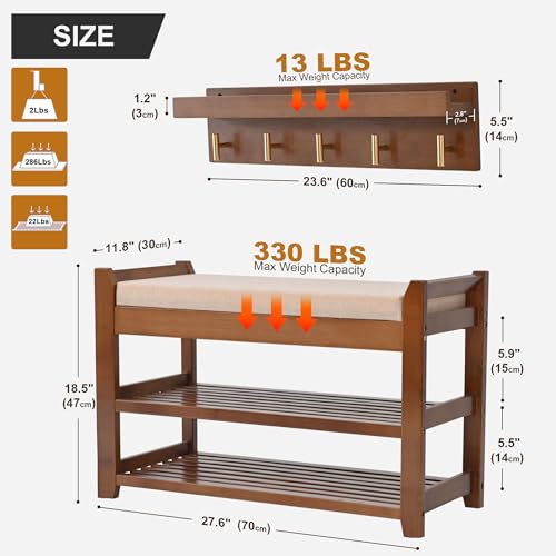 Brown 28-Inch Shoe Rack Entryway Bench with Coat Hooks - Natural Bamboo