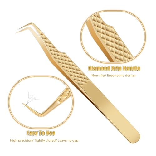 EKYSSO Gold Eyelash Tweezers Kit 7 Pcs for Lash Extensions, Professional Lash Tools