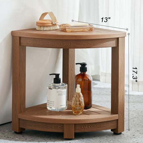 Corner Shower Stool with Storage and Adjustable Feet - Waterproof Plastic Seat for Shaving, Brown