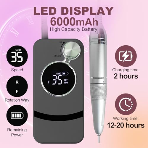 Cordless Professional Nail Drill Kit - Dark Grey 35000RPM Portable Manicure Pedicure Tool