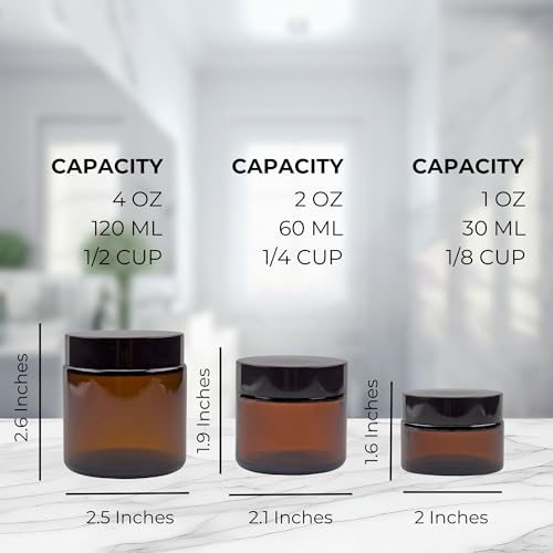 Cornucopia Brands 1, 2 & 4-Ounce Amber Glass Straight Sided Jars (Combo Pack, 4 Each / 12 Total); Great Containers for Cosmetics, Lotions, Body Scrubs & Balms